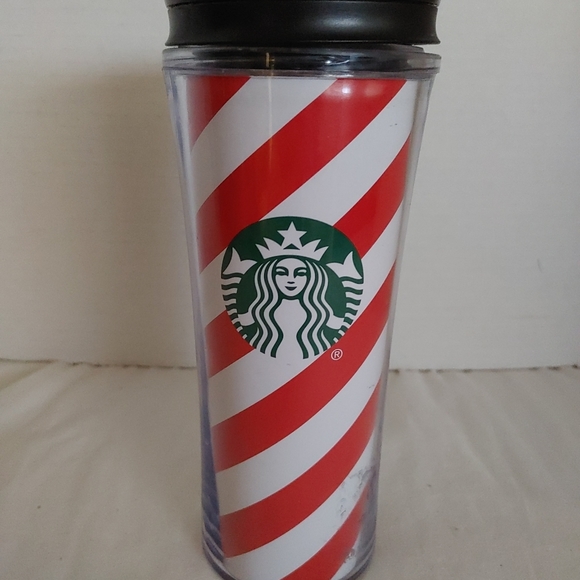 Starbucks Red White Striped Christmas Travel Mug Cup Tumbler 16 Oz Plastic - Picture 1 of 4